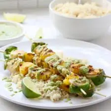 Shrimp skewers and rice on white plate.