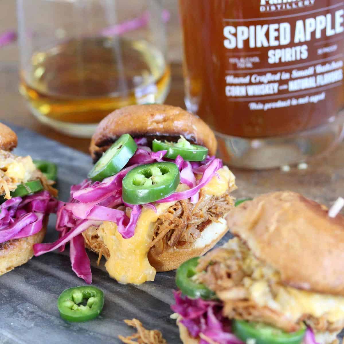 Apple Whiskey Pulled Pork Sliders & Bourbon Cheese Sauce