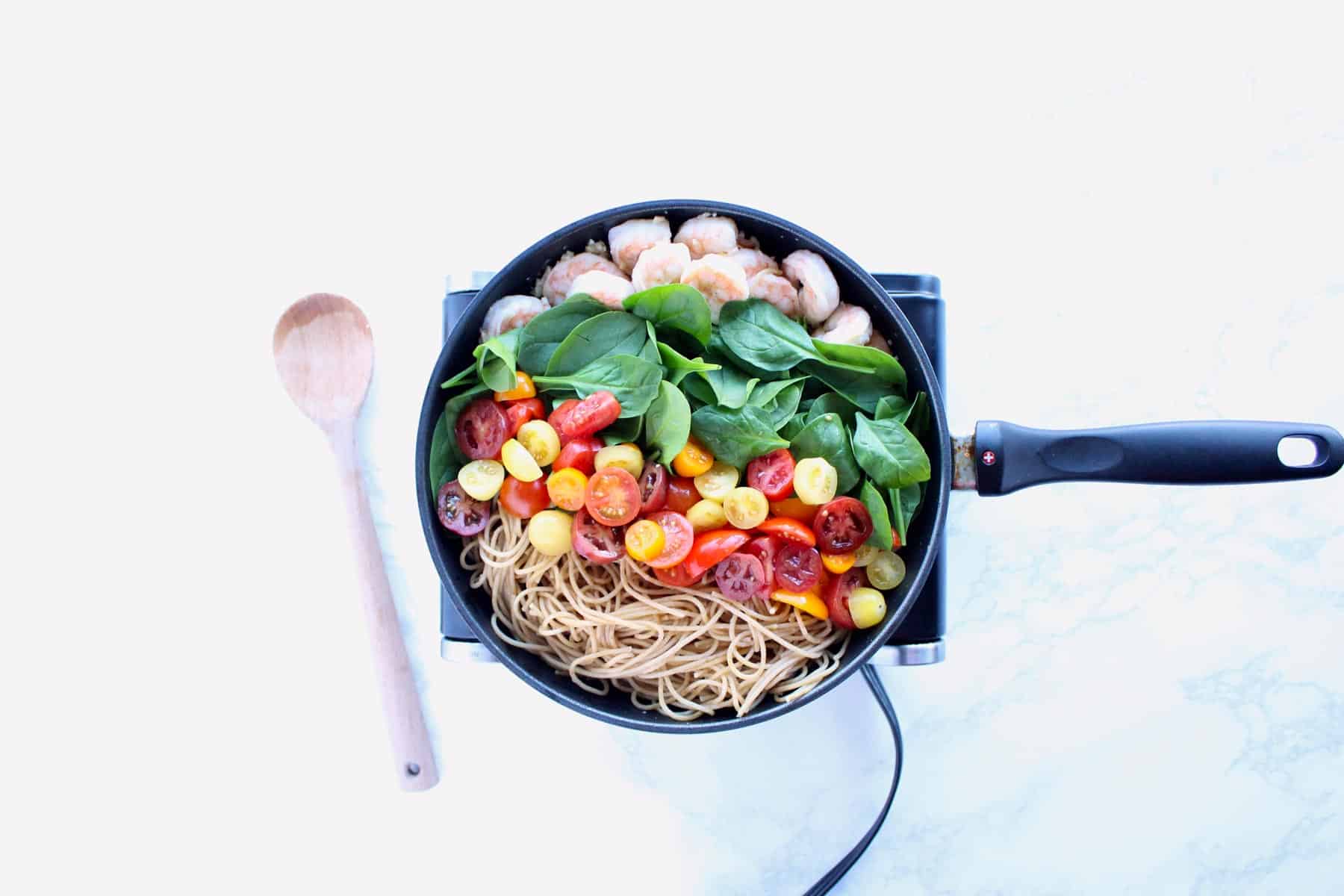 Tomato Spinach Garlic Shrimp Pasta - Zested Lemon