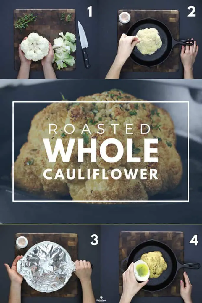 Instructions to make whole roasted cauliflower on brown cutting board.