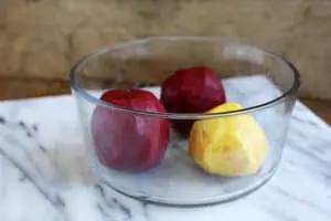 Beets in glass dish.